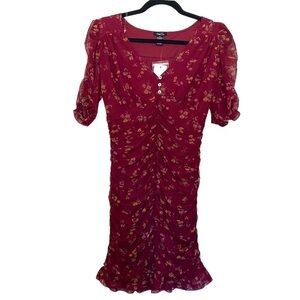 NWT [Rue21] Stretchy Ruffle Burgundy Red Floral Print Mini Dress Women’s Size M